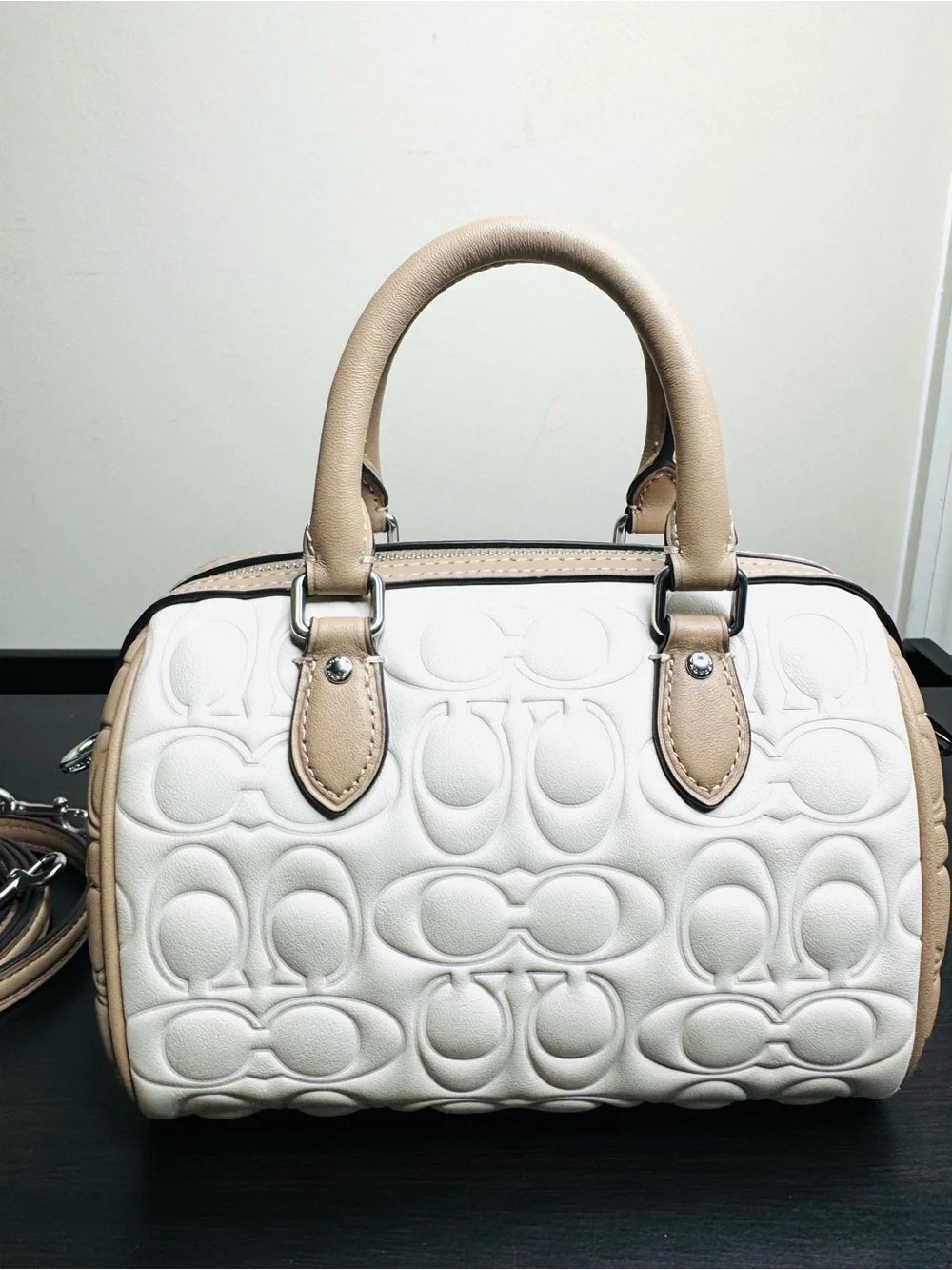 Coach Mini Rowan Blocked Signature C Satchel Top Zip Chalk/Taupe Logo Crossbody